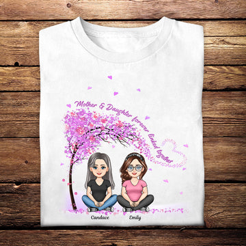 Mom And Daughters Sitting Under Purple Tree - Personalized Apprael - Mother's Day, Gift For Mother