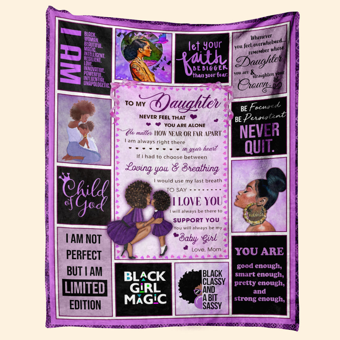 Gift For Daughter Blanket, Mom To My Daughter Never Feel That You Are Alone, Black Woman, Purple Version