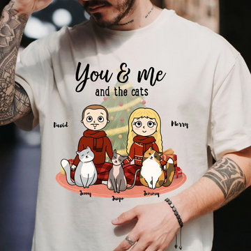 You, me & the cats Christmas Tree Personalized T Shirt Christmas Gift For Cat Lovers Custom Cat Breed Cat Dad Cat Mom Winter Season Gift