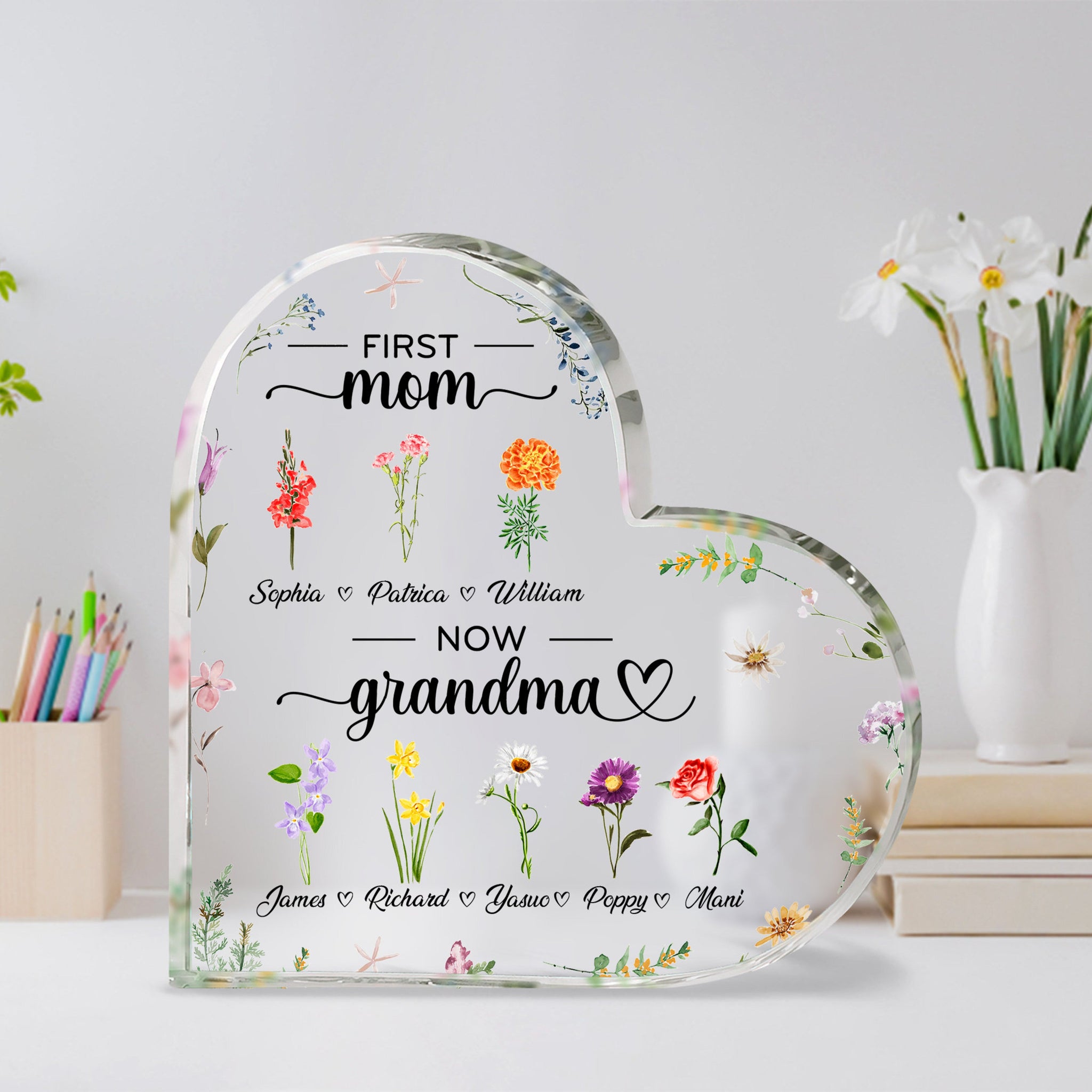 First Mom Now Grandma Birth Month Flower - Personalized Heart Shaped Acrylic Plaque - Gift For Grandma