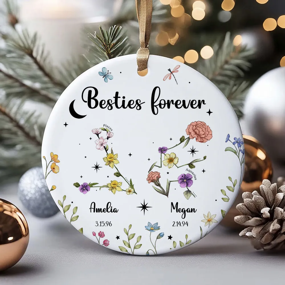 Sisters Besties Friends Zodiac Birth Month Flowers - Personalized Ornament - Christmas Gift, Birthday Gift For Sisters, Besties, BFF