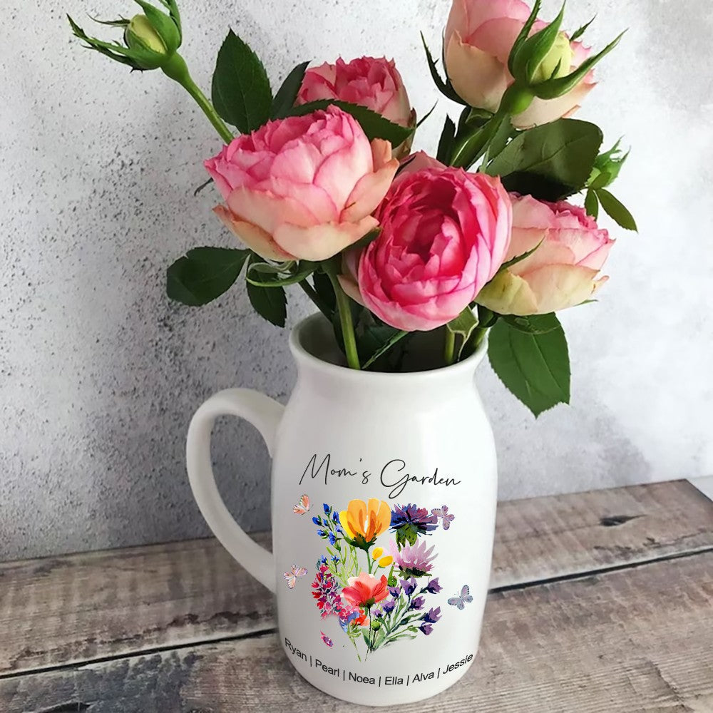 Flower Bouquet Custom Grandma's Garden Vase With Grandkids Names Birth Month Flower Vase Plant Pot Gift For Mother, Gift For Grandma Mother's Day Gift