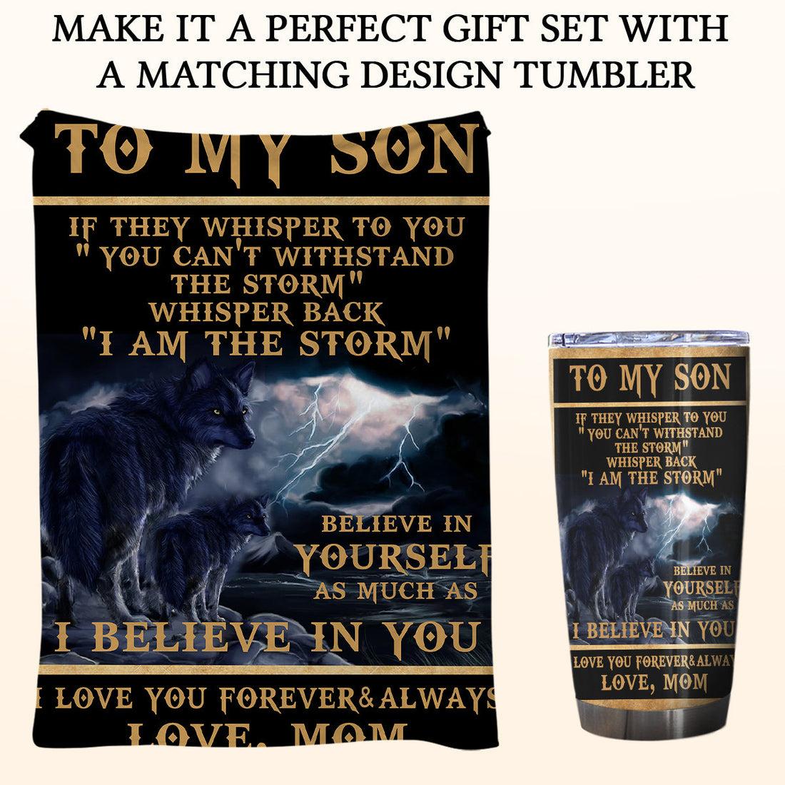 Gift For Son Blanket, To My Son If They Whisper To You Mom Wolves Thunder Black Fleece Blanket