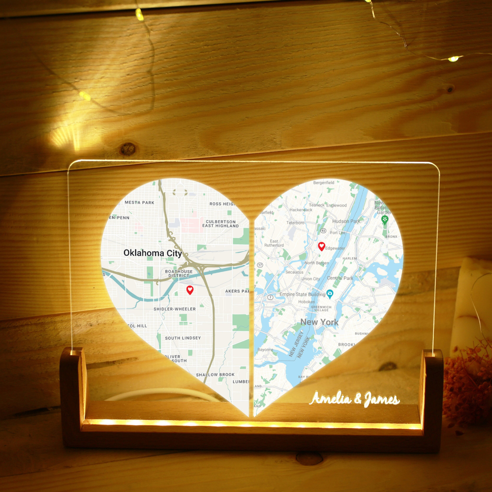 Custom Two Location Heart - Personalized Desk Name Plate - Gift Long Distance Love, Engaged Couples, Anniversary Gifts