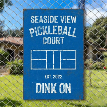 Blue Personalized PICKLEBALL GIFT > personalized COURT Sign, Custom Name, Year Established and Colors, Ocean Blue and White - Dink On!