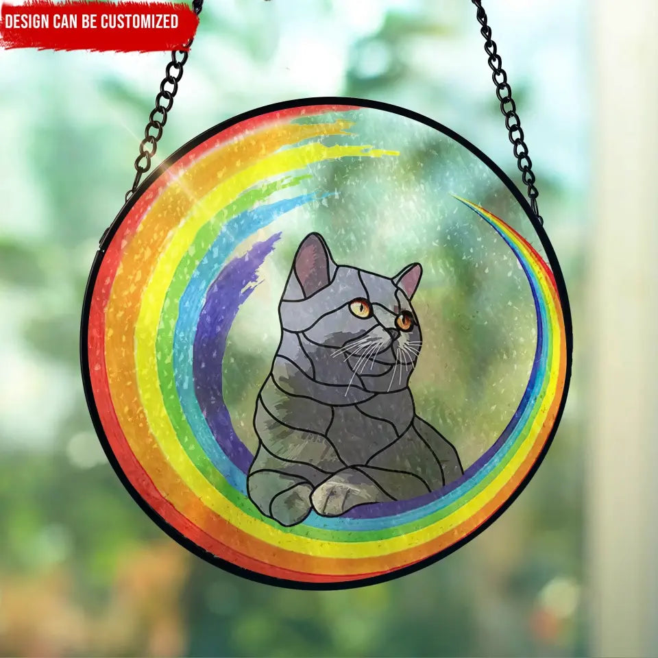 Rainbow Cat Portrait Suncatcher - Personalized Suncatcher Stained Glass, Suncatcher Hanging Memorail Gift Remembrance Gift