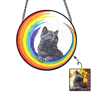 Rainbow Cat Portrait Suncatcher - Personalized Suncatcher Stained Glass, Suncatcher Hanging Memorail Gift Remembrance Gift