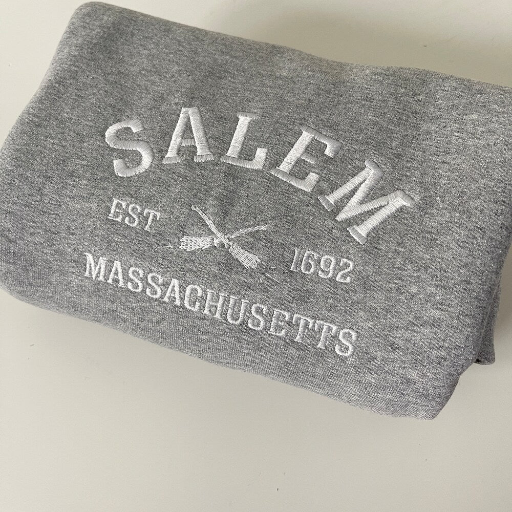 Salem Massachusetts Embroidered Sweatshirt, Salem Sweatshirt, City Sweatshirt, Embroidered Halloween Sweatshirts, Hoodie, Black, Trendy