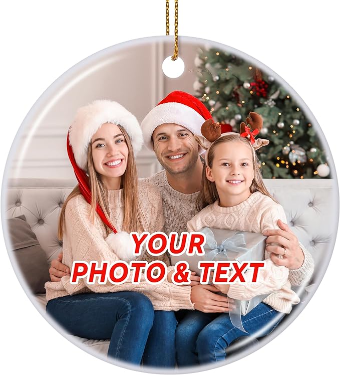 Personalized Christmas Ornament 2024, Custom Round Ceramic with Photo Text Hanging Ornament Keepsake Gift for Christmas Tree Decorations, Baby Shower, Engagement, Wedding, Birthday