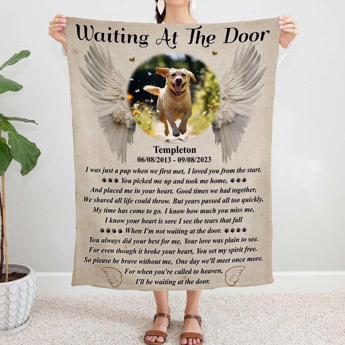 Dog Waiting At The Door Blankets, Dog Memorial Blanket Custom Photo Name Date Loss of One Sympathy Blanket Gift, Personalized Memorial for Dog Lover Mom Dad, Memorial Sherpa Fleece Blanket