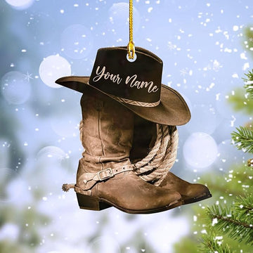 Personalized Cowboy Boots and Hat Christmas Ornament for Cowboy, Cowboy Cowgirl Horseback Riding Ornament, Horse Racing Ornament