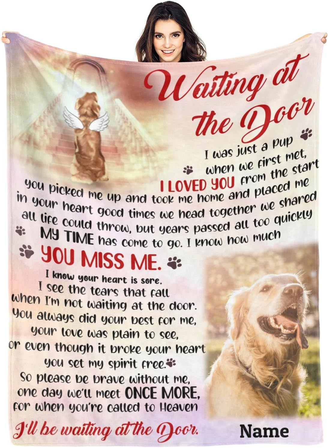 Waiting At The Door Custom Dog Memorial Blanket Personalized Pet Loss Sympathy Blanket with Picture Words for Dog Cat, Pet Memorial Gifts