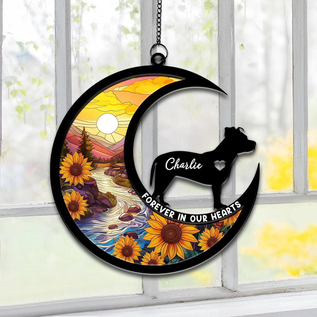 Forever In Our Heart Personalized Dog Memorial Suncatcher - Gift for Pet Lover - Pet Loss Gift - Hanging Indoor Window Decor - Custom Dog Breed Suncatcher Ornament