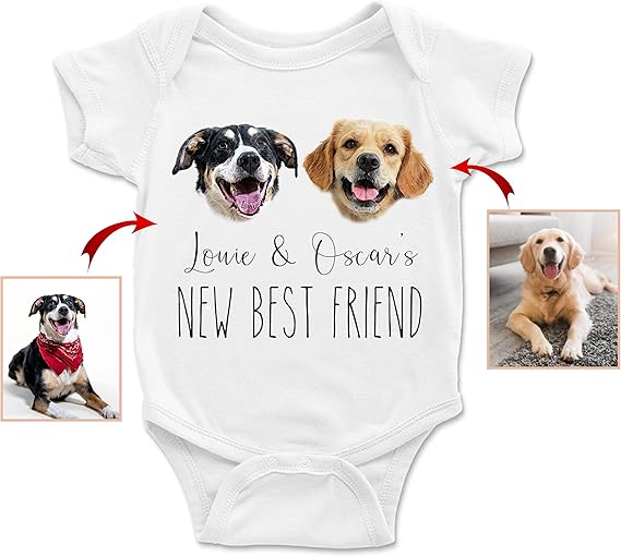 New Friends Custom Baby Bodysuit with Pet Portrait, Pregnancy Annoucement Gift, New Best Friend Onesie, Baby Gifts, Custom Dog and Cat Breeds, Toddler Baby Boy Girl Bodysuit