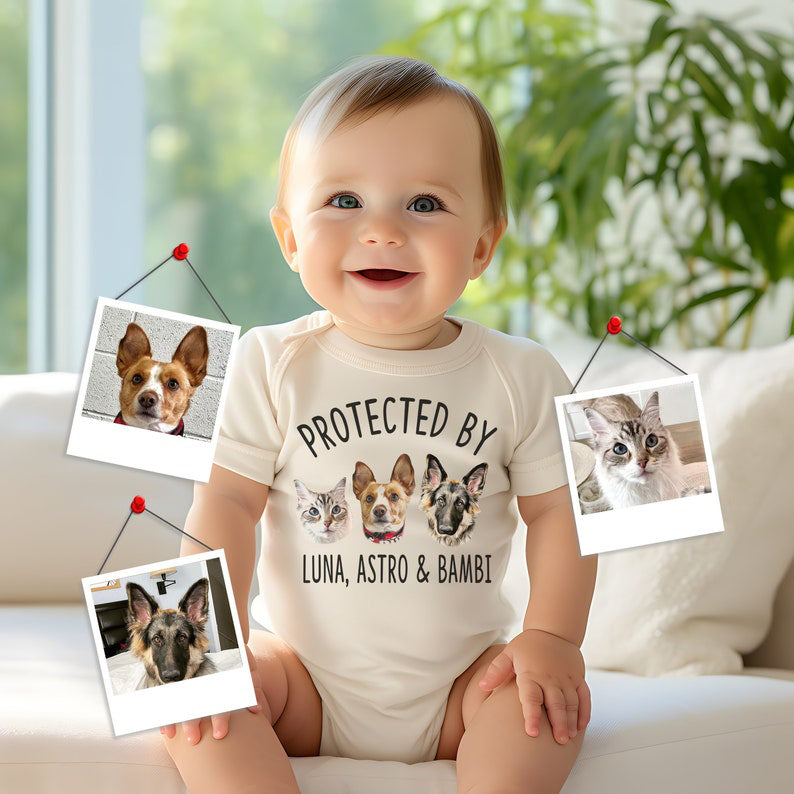 Custom Protected by Pets , Upload Photo Dogs and Cats, Personalized Baby Shower Gift, Baby Girl, Baby Boy Bodysuit