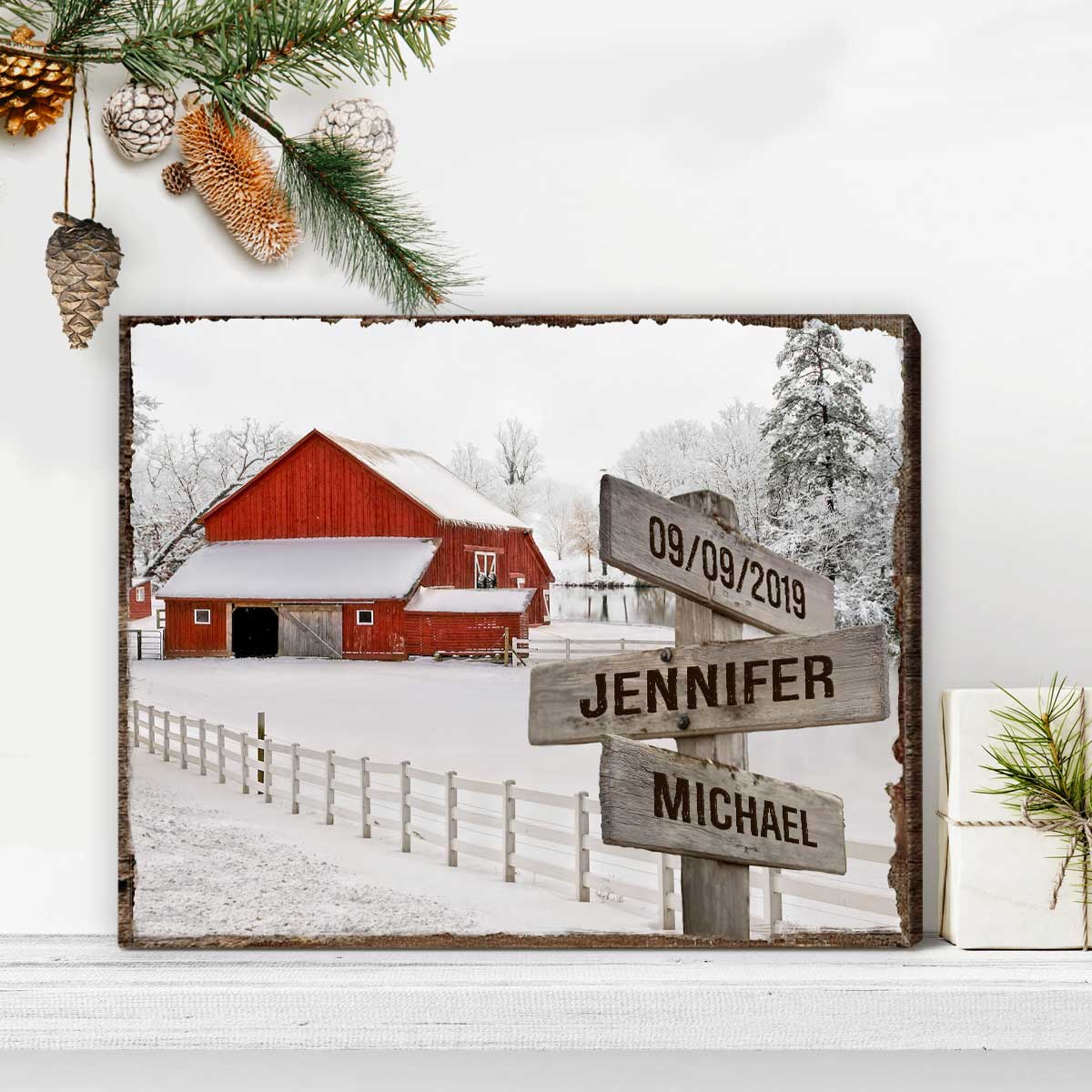 Custom Couple Name Christmas Sign, Red Barn In Snow Christmas Canvas Decoration