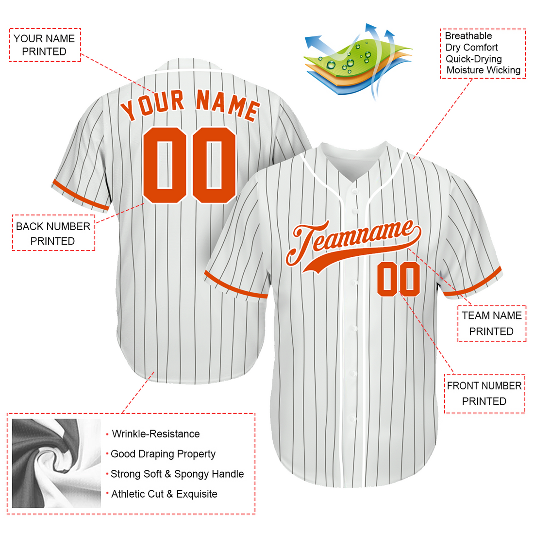 Baseball Jerseys Custom - Gifts Baseball Fans - Pinstripe White Orange - Father's Day Baseball Gifts