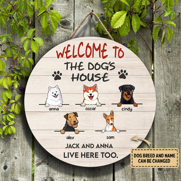 Cute Dog, Welcome To The Dog's House Round Personalized Wood Sign