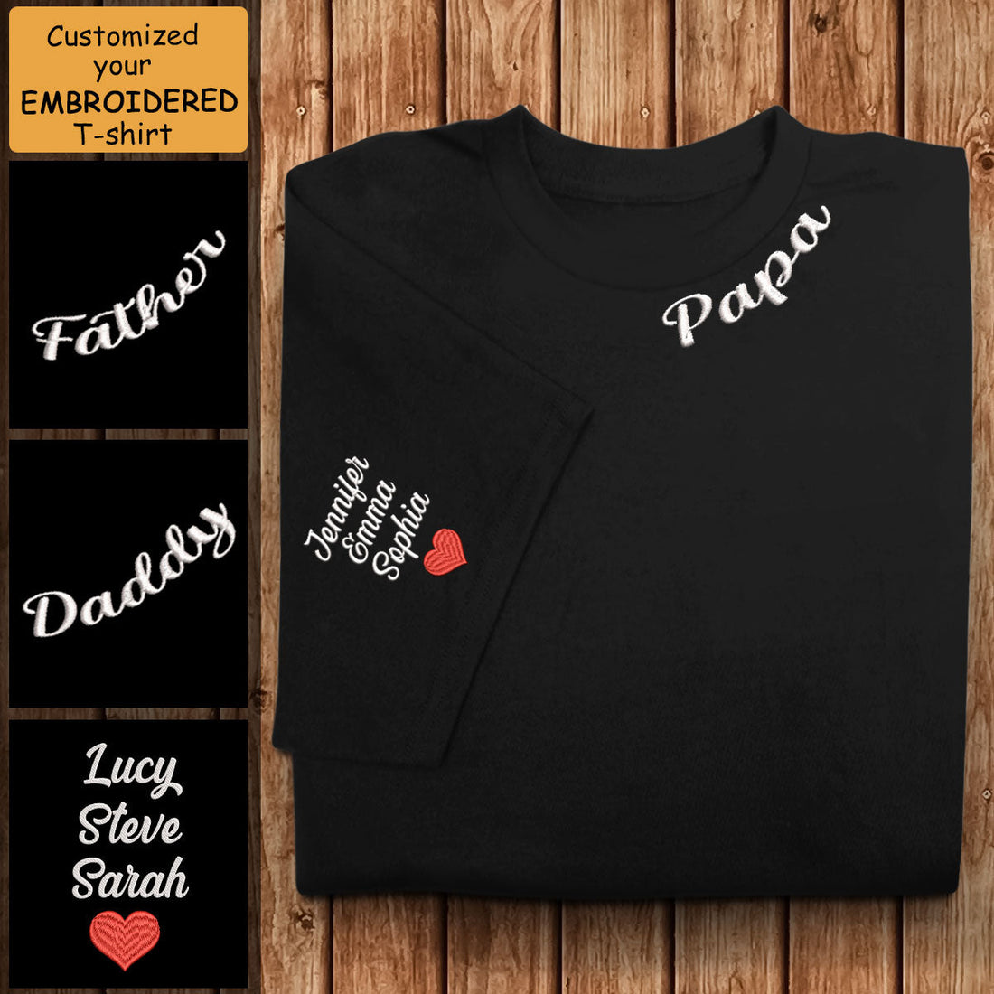 Papa and Kid Neck and Sleeve Embroidered - Personalized Embroidered Apparel - Gift For Father