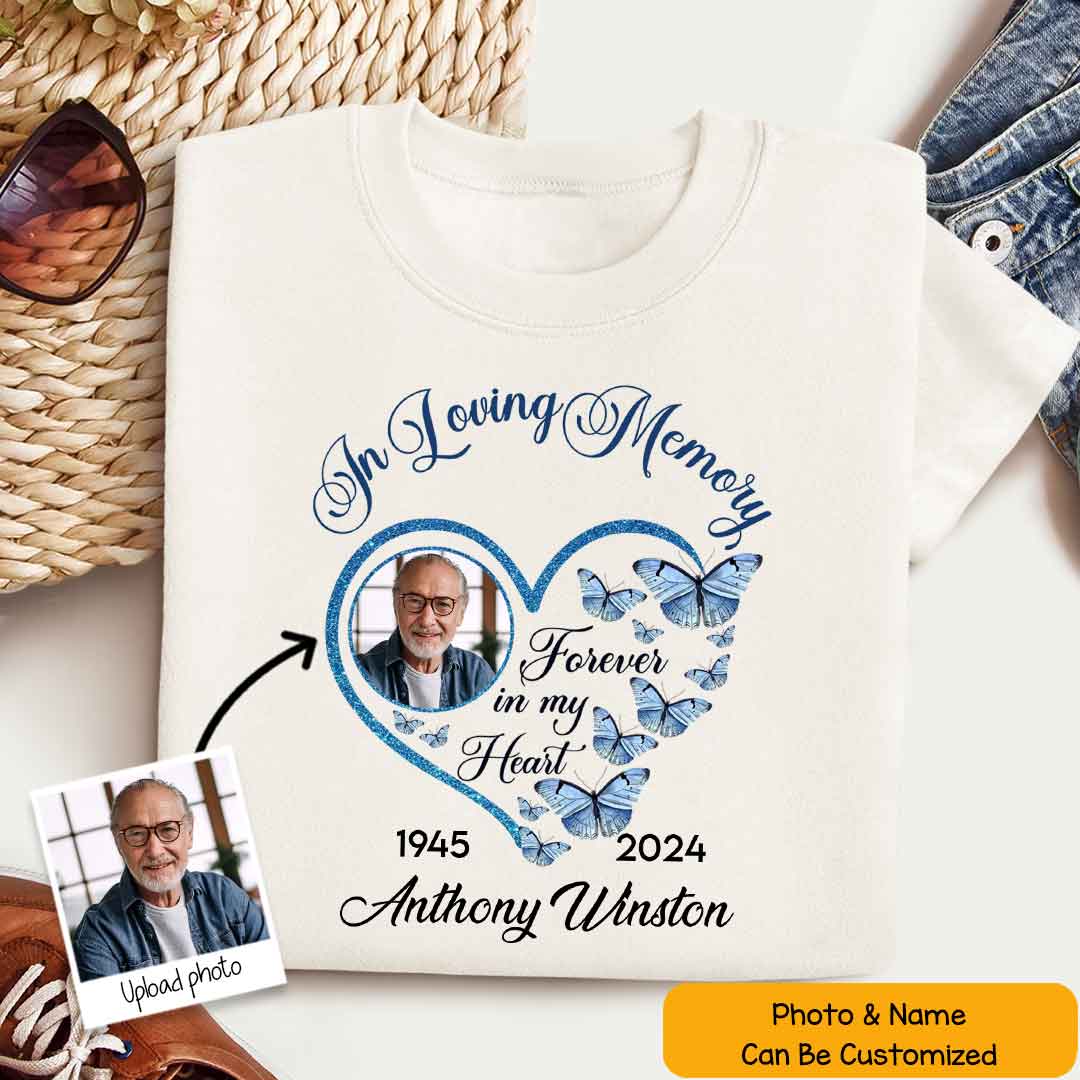 In Loving Memory Sparkling Heart Memorial Butterflies - Personalized Shirt - Memorial Gift