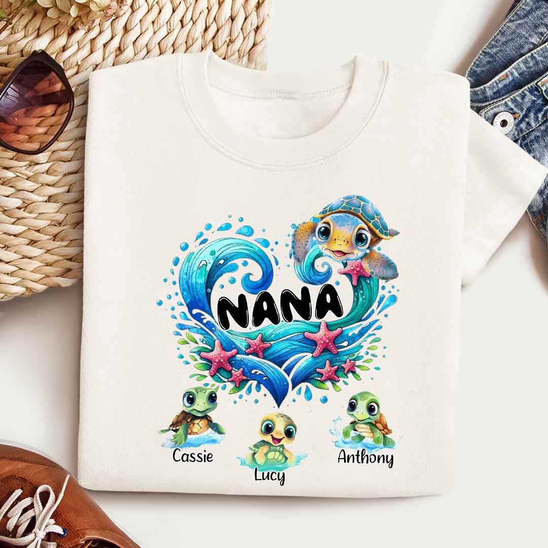 Sea Turtle Grandma With Cute Grandkids Custom Photo - Personalized Shirt - Gift For Grandma, Mother's Day, Birthday Gift