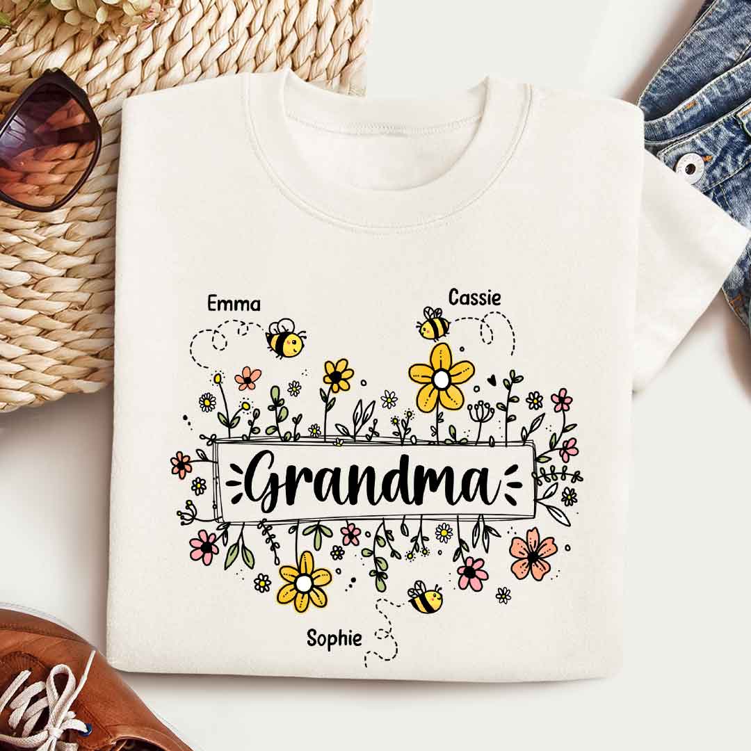 Grandma Flower Bee And Grandkids - Personalized Shirt - Gift For Grandma, Mother's Day Gift