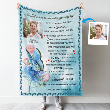 As I Sit In Heaven Blue Butterfly Custom Photo Blanket Memorial