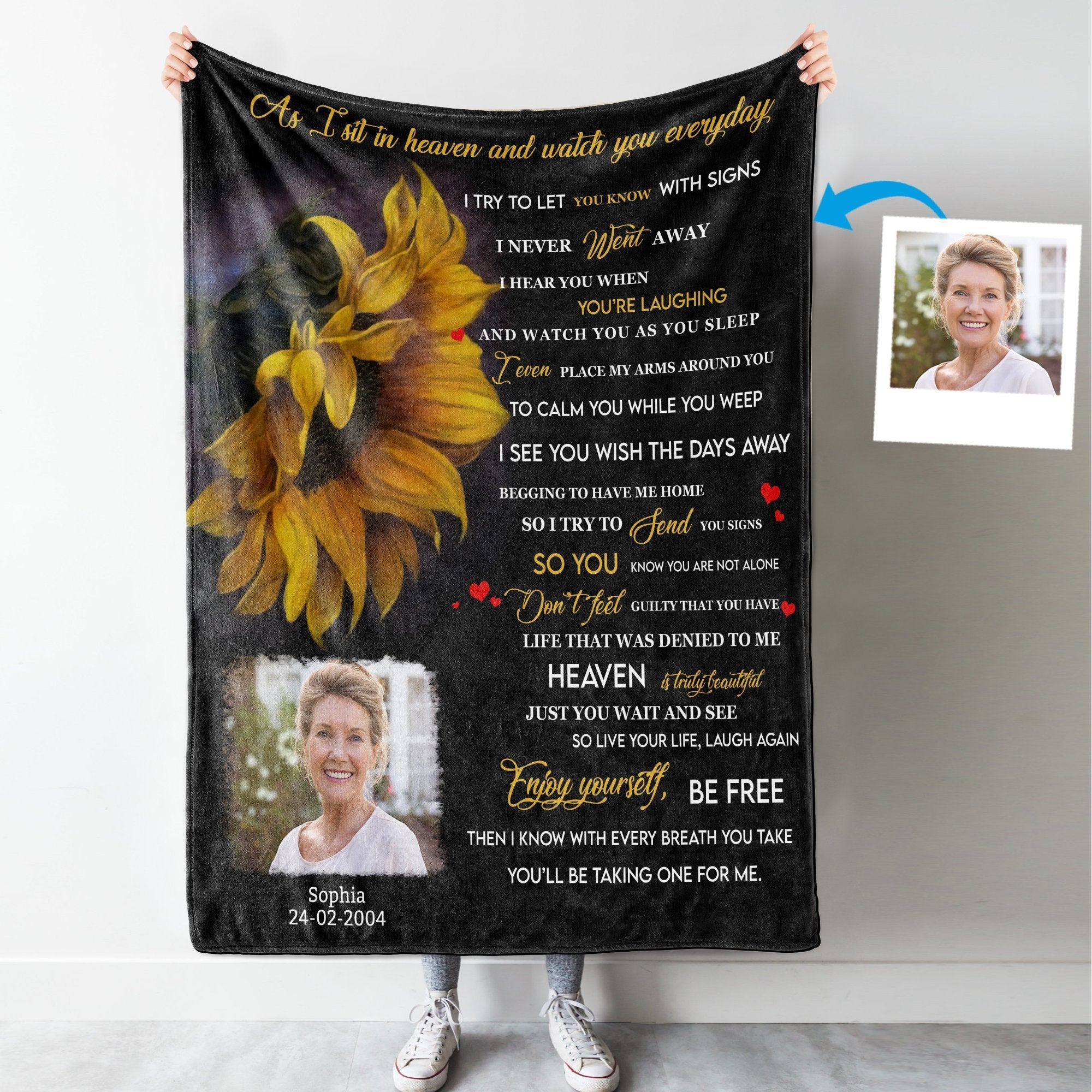 Heaven Sunflower Personalized Photo Blanket Memorial