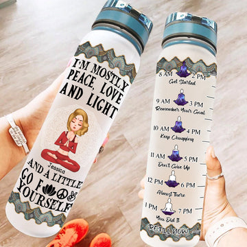 I'm Mostly Peace, Love And Light - Personalized Water Tracker Bottle - Gift For Yoga Lovers