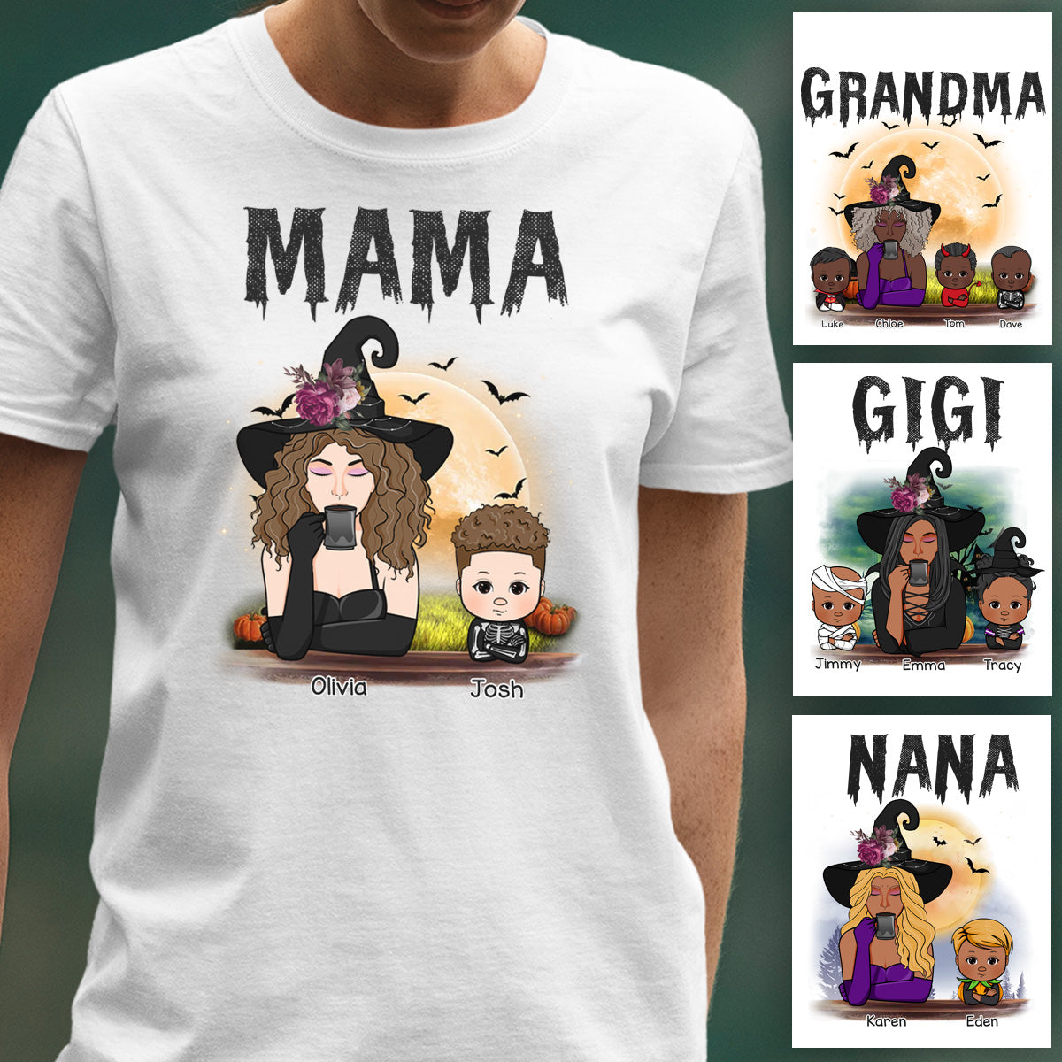 Grandma Mom Witch With GrandKids Personalized Apparel - Halloween