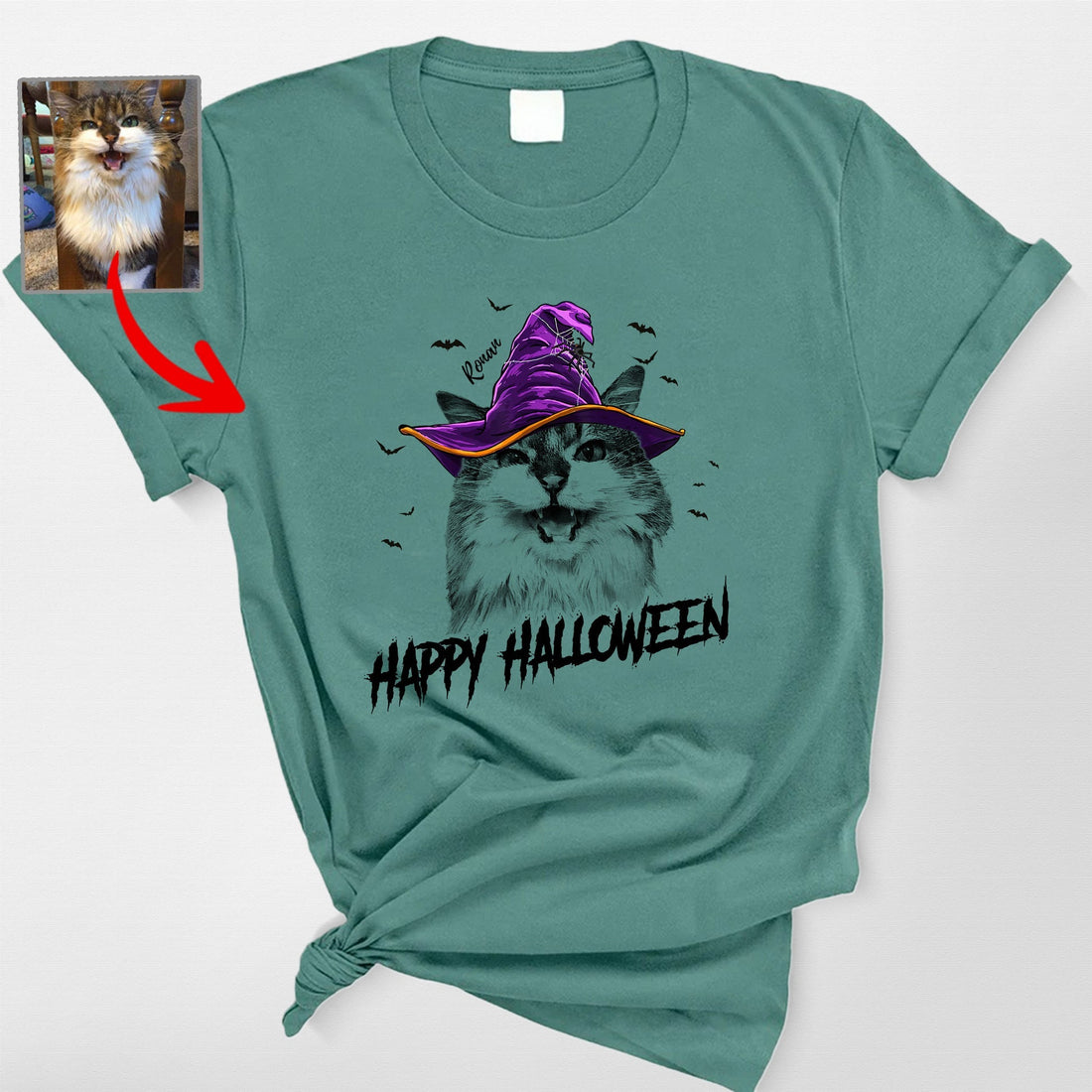 Fall-O-Ween Customized Cat Portrait Halloween T-Shirt Fall Season Cat Lovers Gift