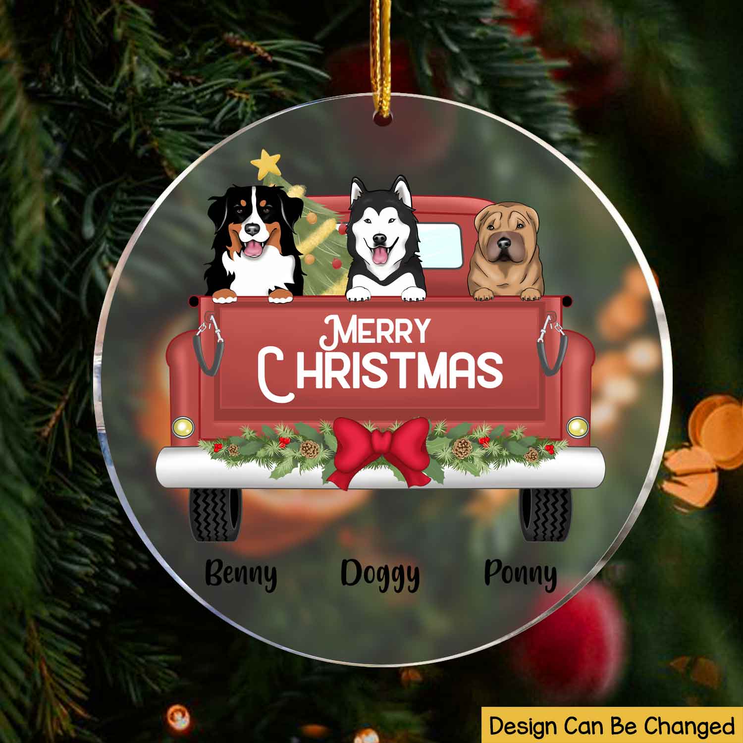 Merry Christmas Custom Dog Breed Christmas Truck Personalized Transparent Christmas Ornament on Acrylic | Gift for Pet or Pet Lover | Custom Dog Ornament or Cat Ornament