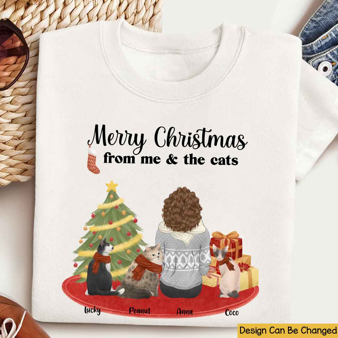 Merry christmas from me & the cats Personalized T Shirt Christmas Gift For Cat Lovers Gift For Cat Mom Cat Dad Winter Season Gift