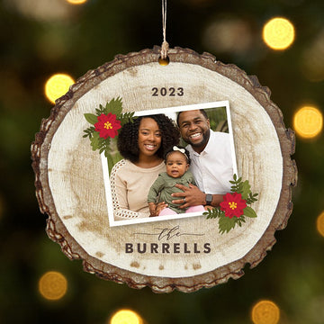 Poinsettia Photo Rustic Wood Ornament