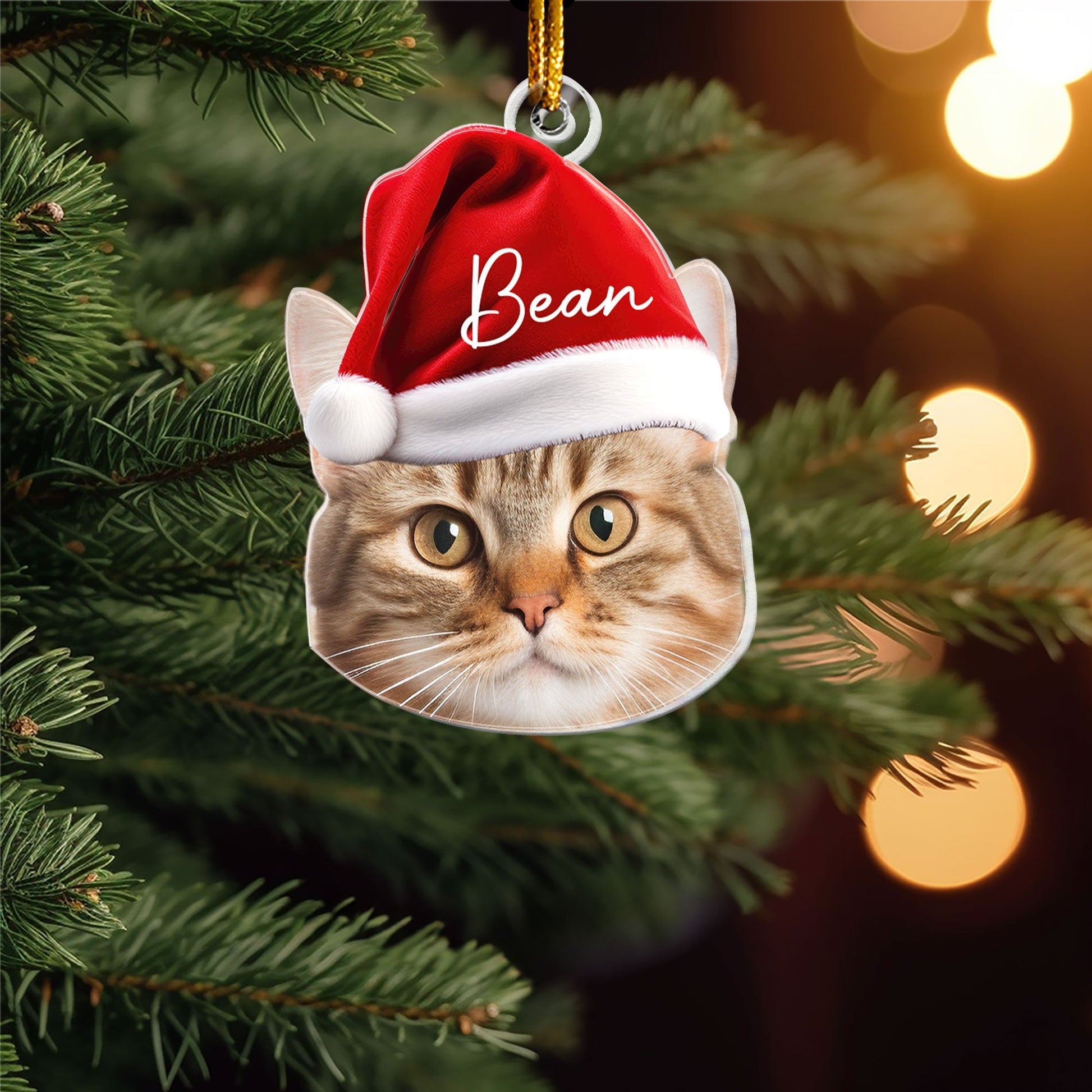 Cat Funny Christmas Face With Christmas Hat - Personalized Cat Photo Shape Ornament Christmas Gift For Cat Lovers