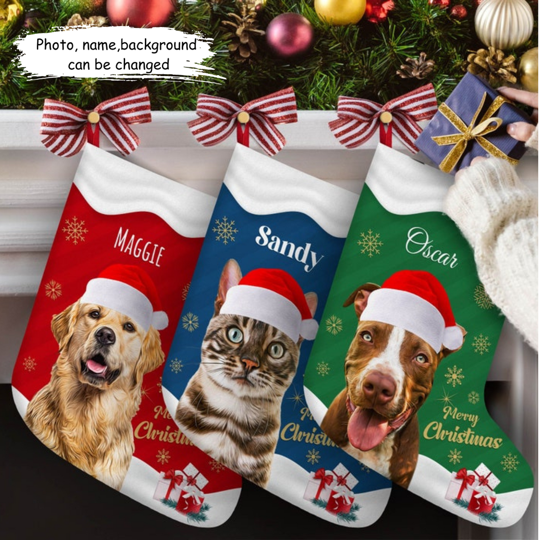 Pet Portrait Personalized Christmas Stocking with Custom Name Dog Cat Bunny Hamster Puppy Holiday Festive Xmas Fireplace Mantel Decoration