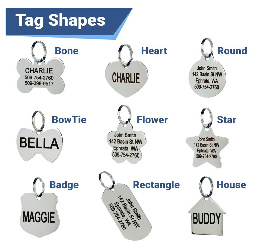 Go Tags Stainless Steel Pet Personalized Dog Tags and Cat Tags, up to 8 Lines of Custom Text, Engraved on Both Sides, in Bone, Round, Heart, BowTie and More