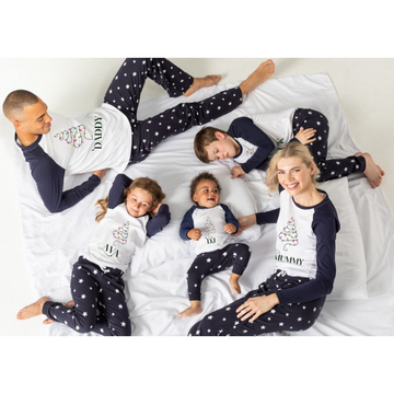 Personalised Family Matching Xmas Pjs pPyjamas Festive - Your Name Christmas Tree Lights - Navy Stars, Long Sleeves, Your Name