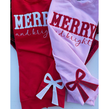 Merry and Bright Embroidered Bow Sweatshirt / Side Bow Applique Sweatshirt / Christmas Bow Sweatshirt / Glitter Christmas Sweatshirt