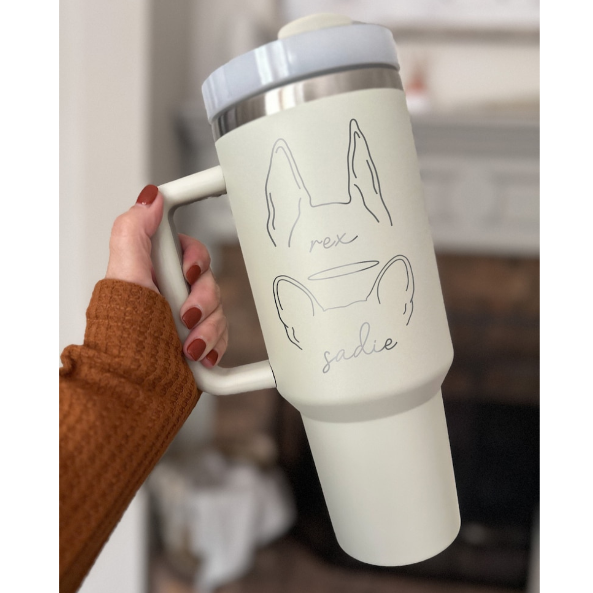 Custom Dog Ears 40oz Tumbler with Handle - Unique Pet Owner Gift, Personalized Dog Lover Cup, Cute Dog Name Engraved Gift, Mom Mother's Day