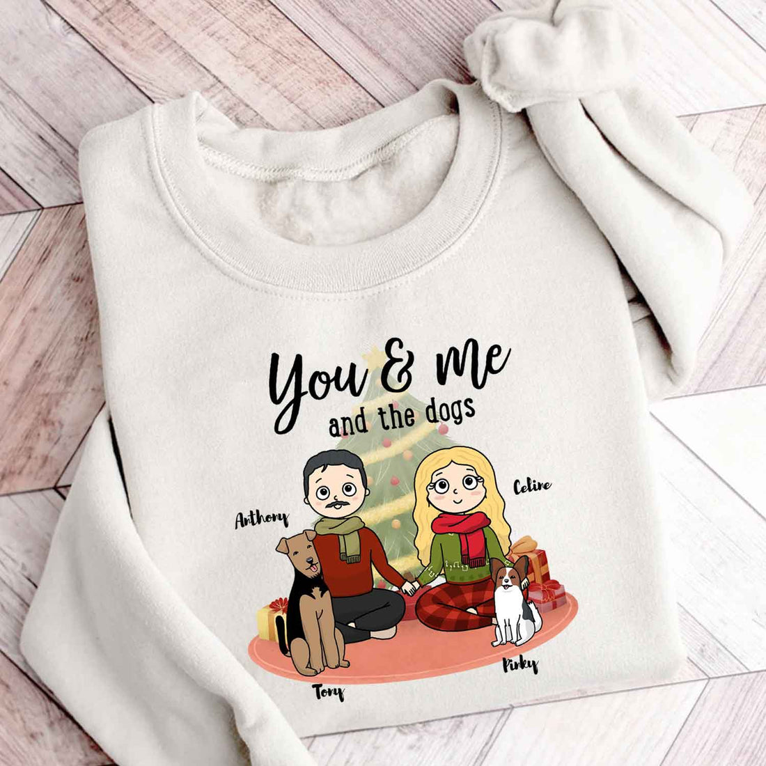 You, me & the dogs Christmas Tree Personalized Sweatshirt Christmas Gift For Dog Lovers Custom Dog Breed Dog Dad Dog Mom Winter Season Gift