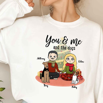 You, me & the dogs Christmas Tree Personalized Sweatshirt Christmas Gift For Dog Lovers Custom Dog Breed Dog Dad Dog Mom Winter Season Gift