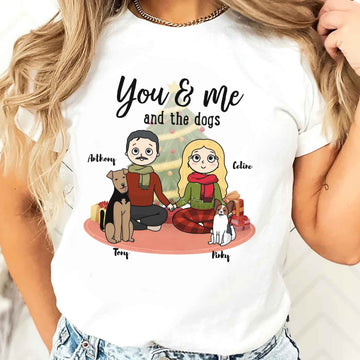 You, me & the dogs Christmas Tree Personalized T Shirt Christmas Gift For Dog Lovers Custom Dog Breed Dog Dad Dog Mom Winter Season Gift