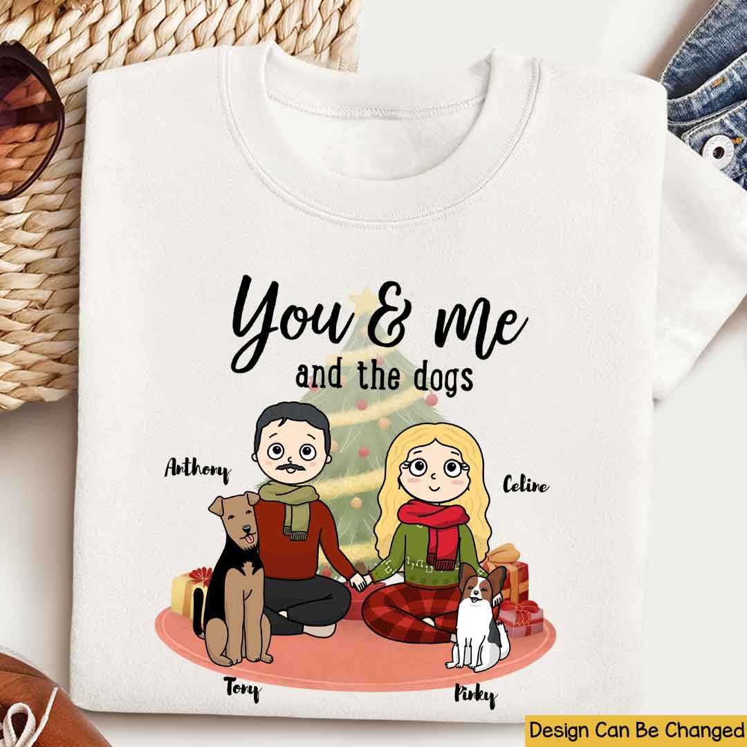 You, me & the dogs Christmas Tree Personalized T Shirt Christmas Gift For Dog Lovers Custom Dog Breed Dog Dad Dog Mom Winter Season Gift