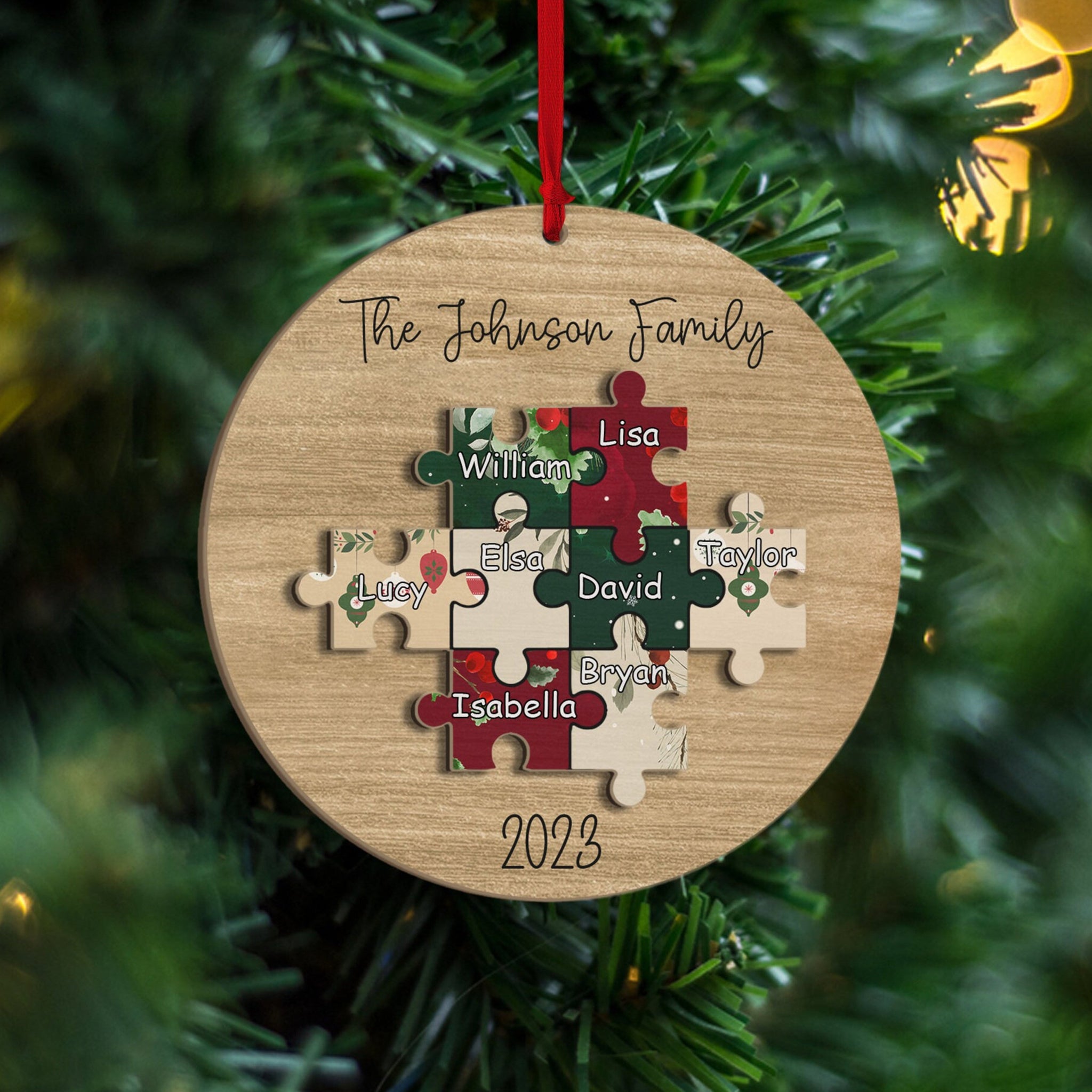 Pieces of our Family - Personalized Layered Wooden Ornament - Christmas Gift For Family