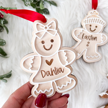 Gingerbread With Kids Name - Personalized Layered Wooden Ornament - Christmas Gift For Family