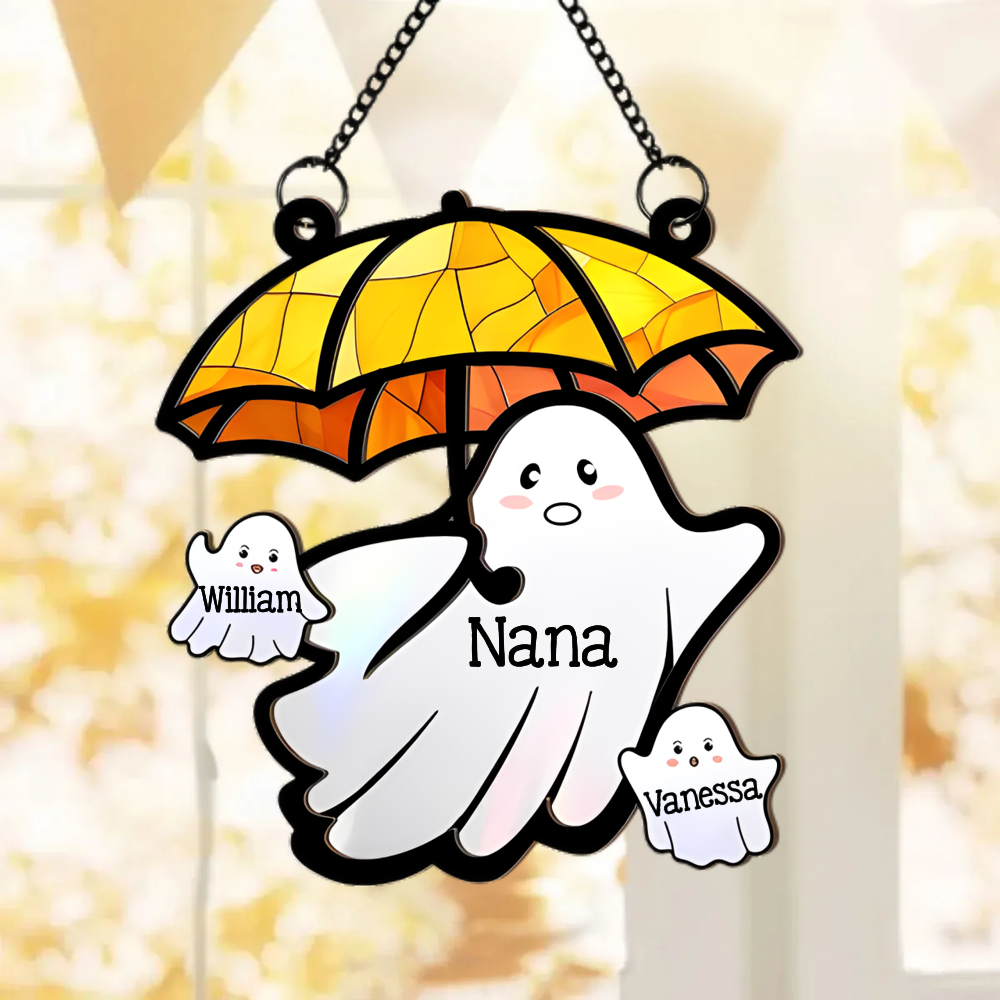 Grandma Ghost With Umbrella - Personalized Suncatcher Ornament - Halloween Gift For Grandma, Nana