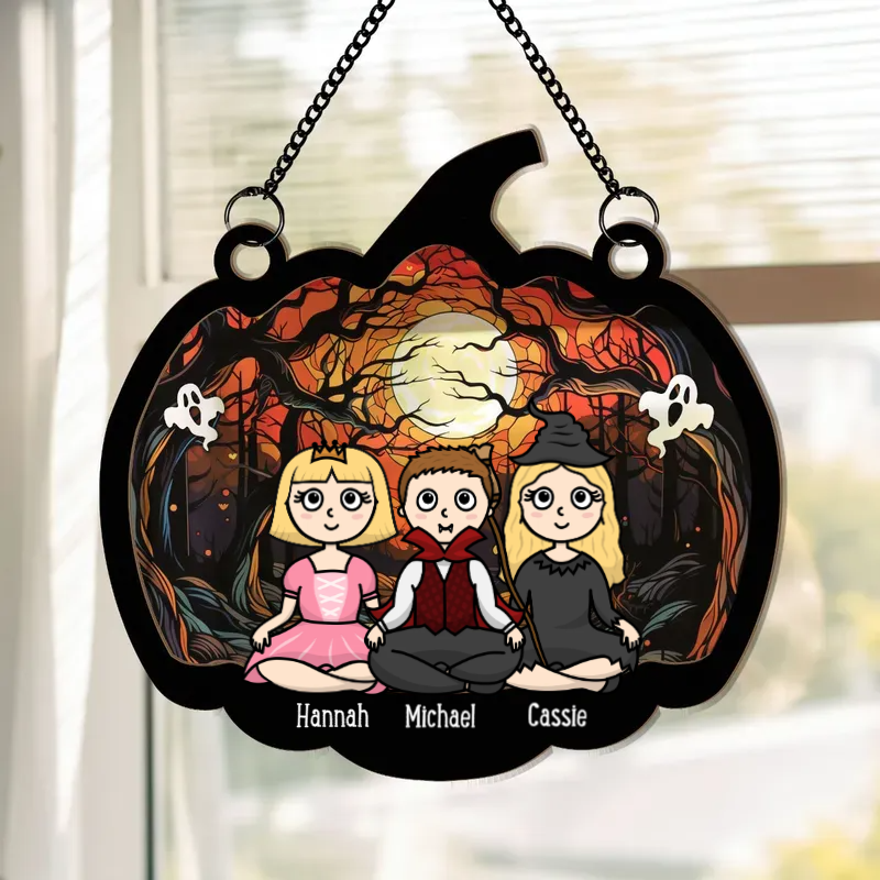 Happy Halloween With Kids - Personalized Suncatcher Ornament - Halloween Gift For Family