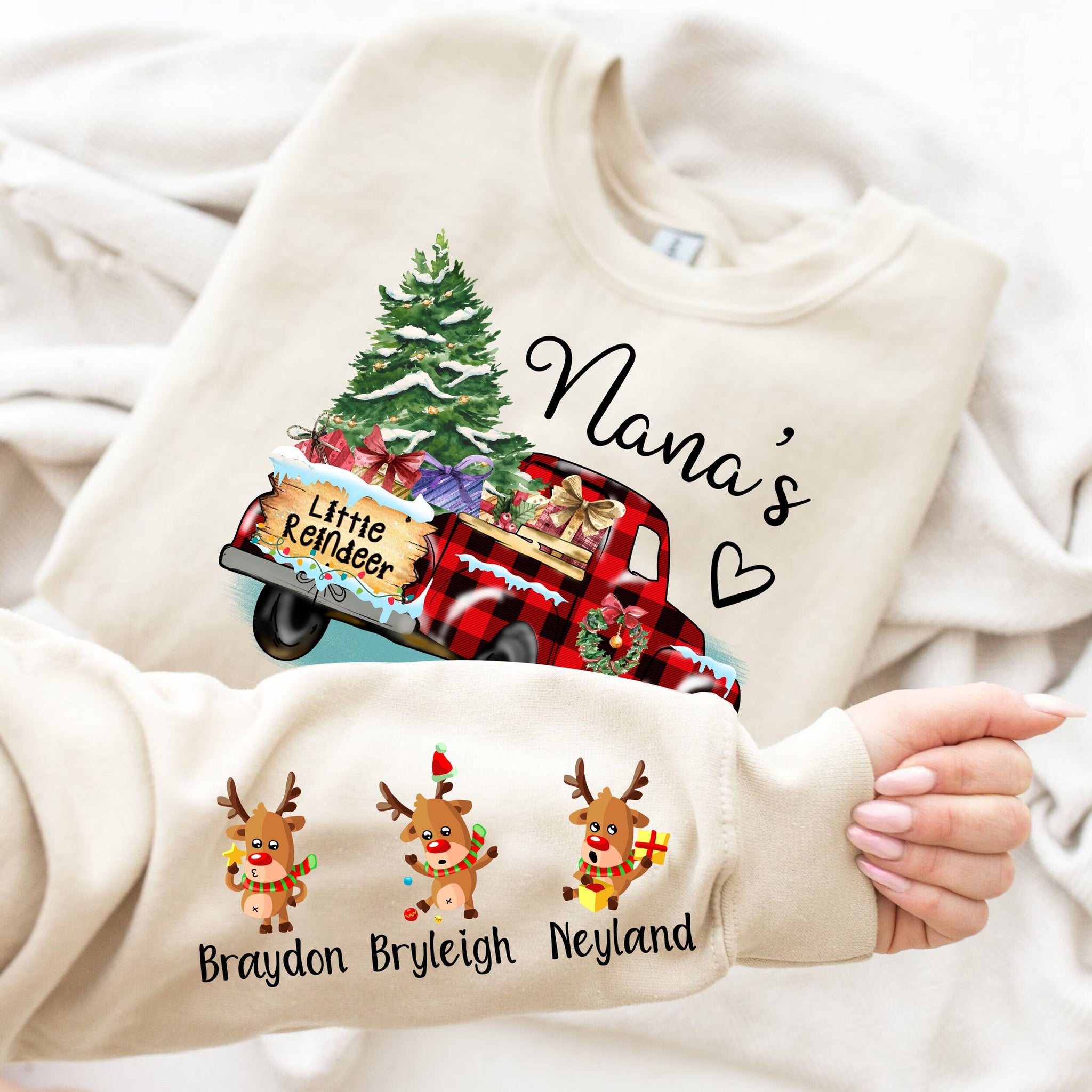 Nana's Little Reindeer - Personalized Front & Sleeves Shirt - Christmas Gift For Grandma