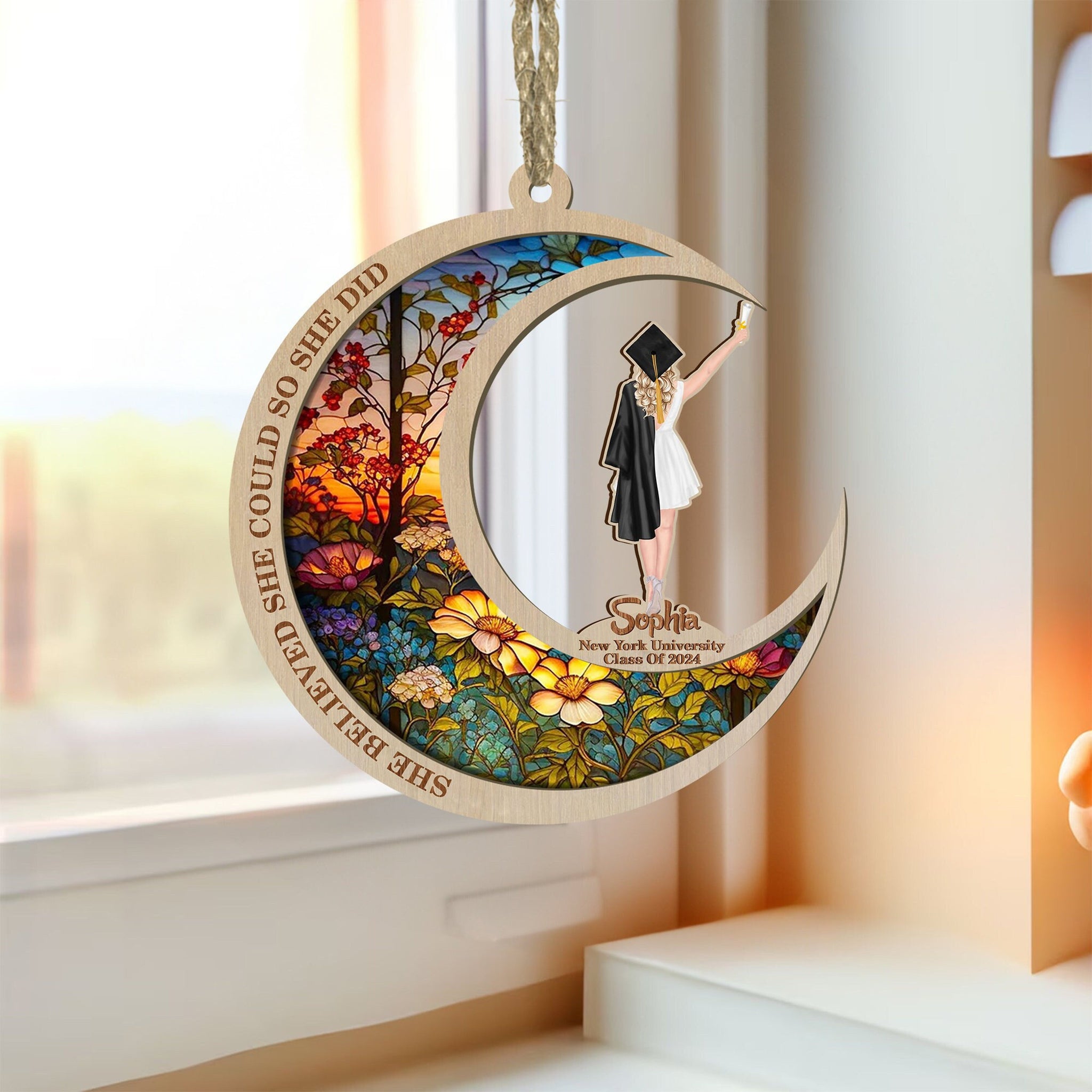 She Believed She Could So She Did - Personalized Suncatcher Ornament - Gift For Graduation Day, School Graduation, Grad Gift